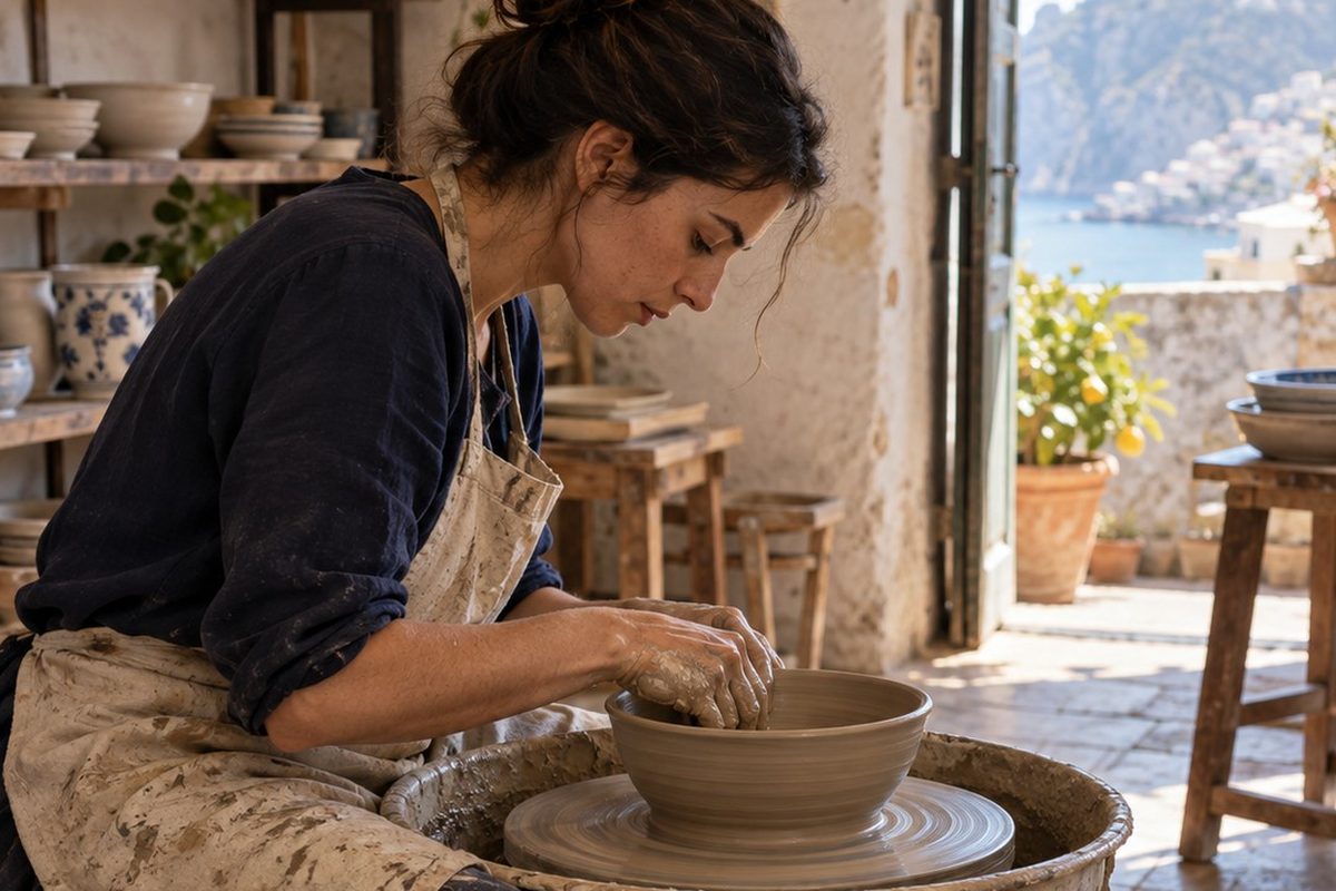 Artigiana ceramista al tornio nella sua bottega