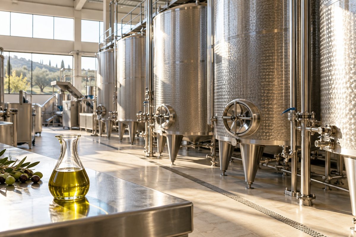 Frantoio con silos in acciaio e una caraffa di olio extravergine appena franto