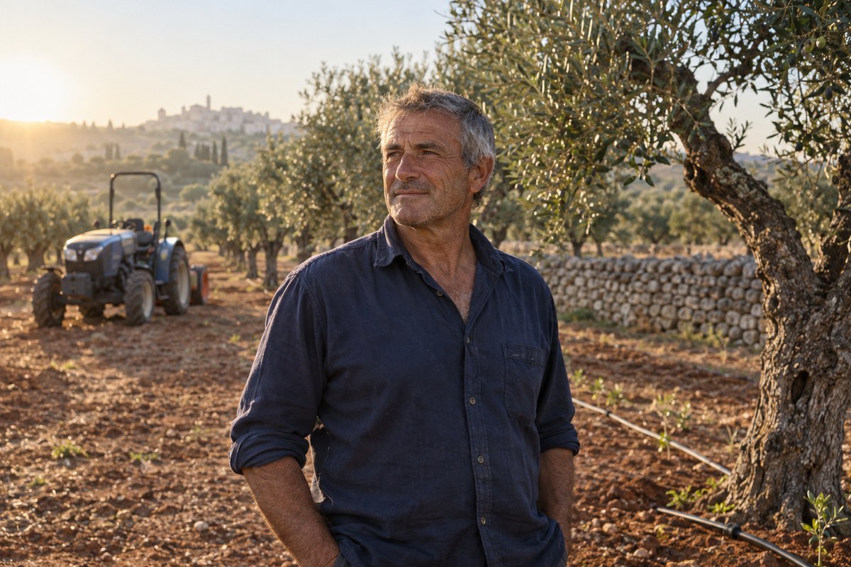 Agricoltore in un uliveto al mattino, con un trattore e una linea di irrigazione a goccia sullo sfondo